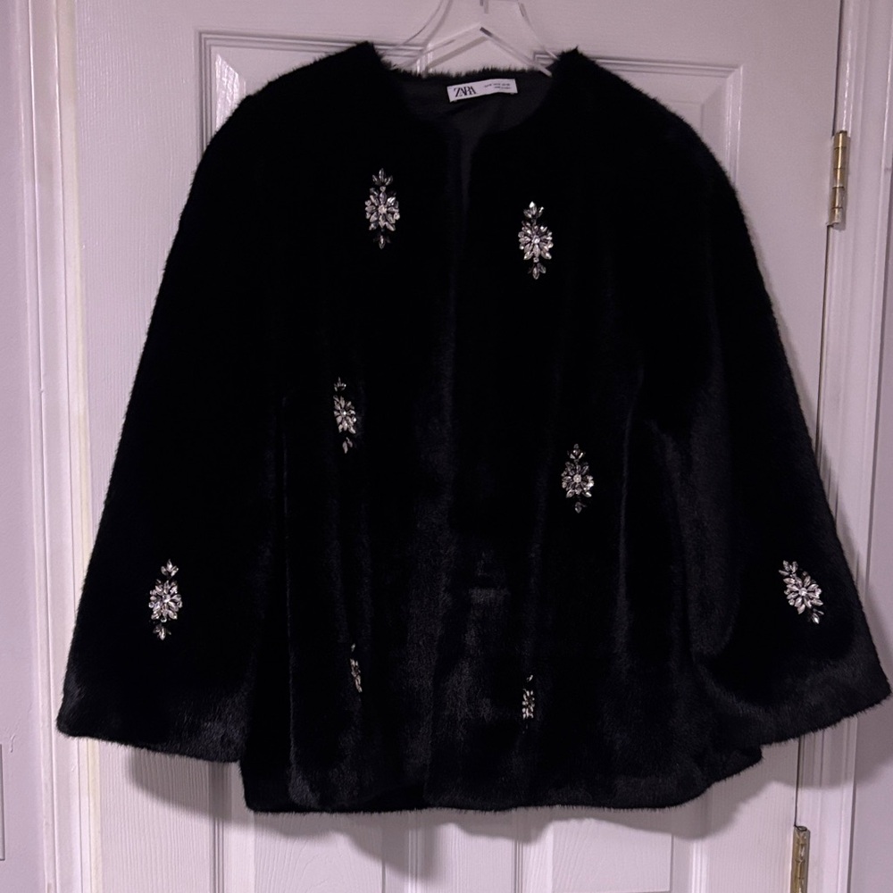 Zara… Sz Medium..Black Faux Fur Coat W Silver Jewel Accents Front & Back. NWT